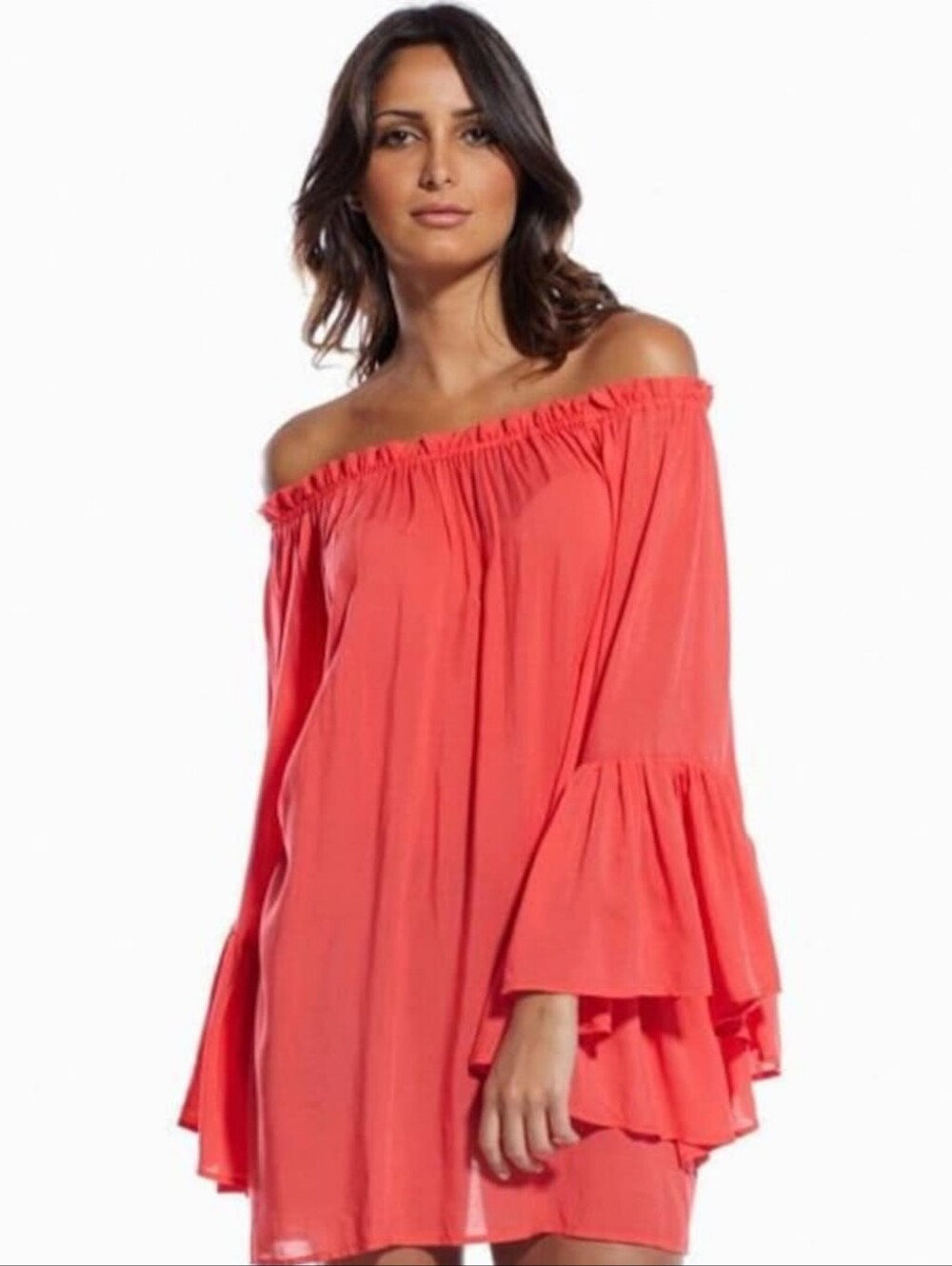 Elan Ruffled Off-Shoulder Tunic in Coral Red
